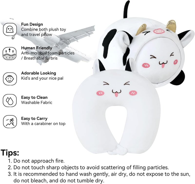 stocaggio Kids Travel Pillow - 2-in-1 Deformable Kids Neck Pillow for Traveling, Soft U-Shaped Pillow with Adorable Animal Design, Comfy Sleep and Play, Ideal for Airplanes and Traveling (QQ Milk Cow) - Image 4